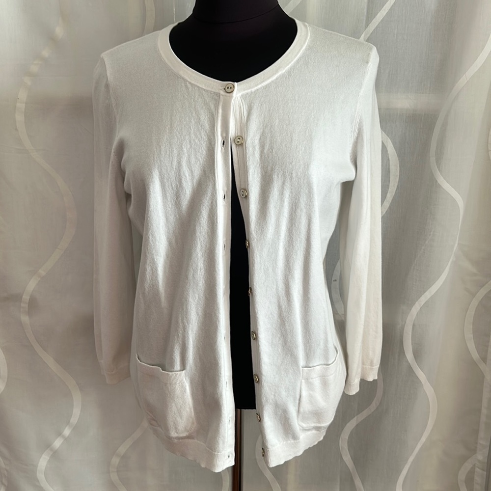 Talbots, White Button Down Cardigan, Size Medium - image 1